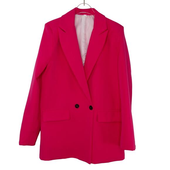 Shein Hot Pink Blazer Jacket Notch Lapel Double Breasted Medium Shoulder Pads - Picture 2 of 6